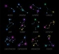 Shiny constellations of 12 zodiac signs. A pack of aries, taurus, gemini, cancer, leo, virgo, libra, scorpio, sagittarius, Royalty Free Stock Photo