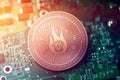 Shiny copper BILLIONAIRE cryptocurrency coin on blurry motherboard background