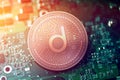 Shiny copper DATUM cryptocurrency coin on blurry motherboard background