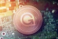 Shiny copper GAMECREDITS cryptocurrency coin on blurry motherboard background