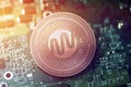 Shiny copper WORLDCORE cryptocurrency coin on blurry motherboard background