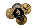 Shiny crypto currency coins heap with ethereum on top isolated on white background