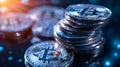 Shiny cryptocurrency coins are arranged in a stack, creating a modern investment atmosphere. on a dark surface Royalty Free Stock Photo