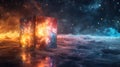 Shiny cubic tesseract floating in the space between dimensions