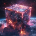 Shiny cubic tesseract floating in the space between dimensions