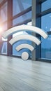 Shiny 3D wi-fi symbol floating inside a modern sunlit office interior with large windows Royalty Free Stock Photo