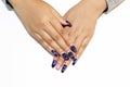 Shiny dark blue magnetic design gel nail art painting on woman acrylic fingernail almond shape decorated with sparkling big