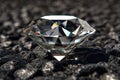 Shiny diamond close-up on gray background, luxury brilliant on dark table. Theme of jewel, jewelry, gem, white gemstone, stone, Royalty Free Stock Photo