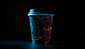 Shiny disposable cup reflects bright colors in abstract studio shot generated by AI