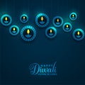 Shiny diwali diya lamps blue background design