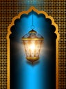 Shiny diwali lantern over blue background