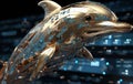 A shiny dolphin statue in front of a cityscape. Generative AI image.