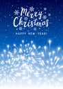 Shiny fireworks on blue starry sky background - vertical greeting card for Christmas and New Year holiday design Royalty Free Stock Photo