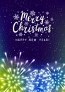 Shiny fireworks on color starry sky background - vertical greeting card for Christmas and New Year holiday design Royalty Free Stock Photo