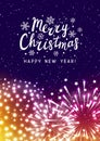 Shiny fireworks on color starry sky background - vertical greeting card for Christmas and New Year holiday design Royalty Free Stock Photo