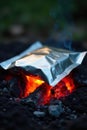 Shiny foil packet on hot coals, campfire glow , wood, spring Royalty Free Stock Photo