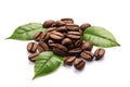 Shiny fresh roasted coffee beans with leaves isolated on white background. Generative ai