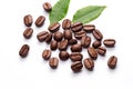 Shiny fresh roasted coffee beans with leaves isolated on white background. Generative ai