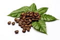 Shiny fresh roasted coffee beans with leaves isolated on white background. Generative ai