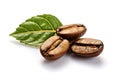 3 shiny fresh roasted coffee beans with leaves isolated on white background. Generative ai