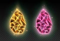 Shiny gemstones, yellow and pink crystals, dragon eggs isolated on black background.