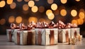 Shiny gift box wrapped in gold, illuminated with Christmas lights generated by AI