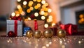 Shiny gift glowing, Christmas lights illuminate vibrant, ornamented tree generated by AI Royalty Free Stock Photo