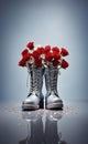 Shiny glittering silver boots with bouquet roses , surreal fashion idea