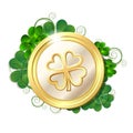 Shiny glowing gold money coin and bright green clover leaves. Saint Patricks Day coin.