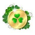 Shiny glowing gold money coin and bright green clover leaves. Saint Patricks Day coin.