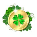 Shiny glowing gold money coin and bright green clover leaves. Saint Patricks Day coin.
