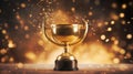 Shiny gold award trophy centered with glimmering light effects. Victory and success concept