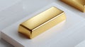 Shiny gold bar resting on a white platform with minimalist concrete blocks Royalty Free Stock Photo