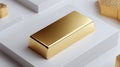 Shiny gold bar resting on a white platform with other gold objects in the background Royalty Free Stock Photo