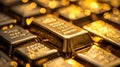 Shiny gold bars stacked with glowing bokeh effect Royalty Free Stock Photo