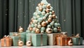 A shiny gold box holds a stack of Christmas decorations generated by AI