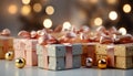 Shiny gold gift box illuminates winter celebration with glitter generated by AI