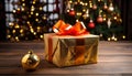 Shiny gold gift box illuminates winter celebration on wooden table generated by AI