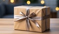 A shiny gold gift box wrapped in festive wrapping paper generated by AI Royalty Free Stock Photo