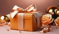 A shiny gold gift box wrapped in festive wrapping paper generated by AI Royalty Free Stock Photo