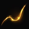 Shiny gold glowing lines swirl trail, golden smoke vector light effect for cosmetics presentation