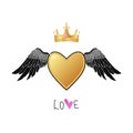 Shiny gold heart with angel wings and realistic crown