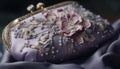 Shiny gold jewelry, elegant purple silk, ornate gemstone brooch generated by AI