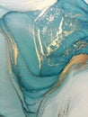 Luxury abstract fluid art painting background alcohol ink technique mint blue and gold. Marble texture