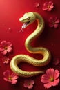 Shiny gold serpent on crimson, floral backdrop, crimson, background Royalty Free Stock Photo