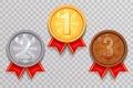 Shiny gold silver bronze winner leader award ceremony champion thirst second third place medal ribbon trophy icons set Royalty Free Stock Photo