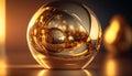 a shiny gold sphere with a reflection of a building in it\'s center, on a reflective surface, Royalty Free Stock Photo