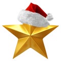 Shiny gold star for quality rating or ranking, topped with red and white Christmas Santa hat - 3d render