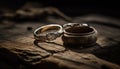 Shiny gold wedding ring on old fashioned wooden table, symbolizing love generated by AI