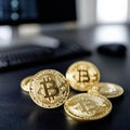 Shiny gold Bitcoin coin on dark surface with blurred computer keyboard in background. Generative AI Illustration.